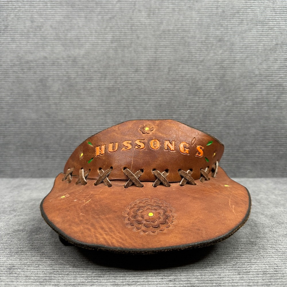 Vintageโ Hussong's Cantina Ensenada Mexico Leather Sun Visor Brown Cross Stitch